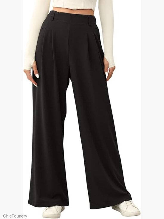 Pants - Wide Leg Palazzo Pants High Waisted Waffle Knit Work Trousers Pockets